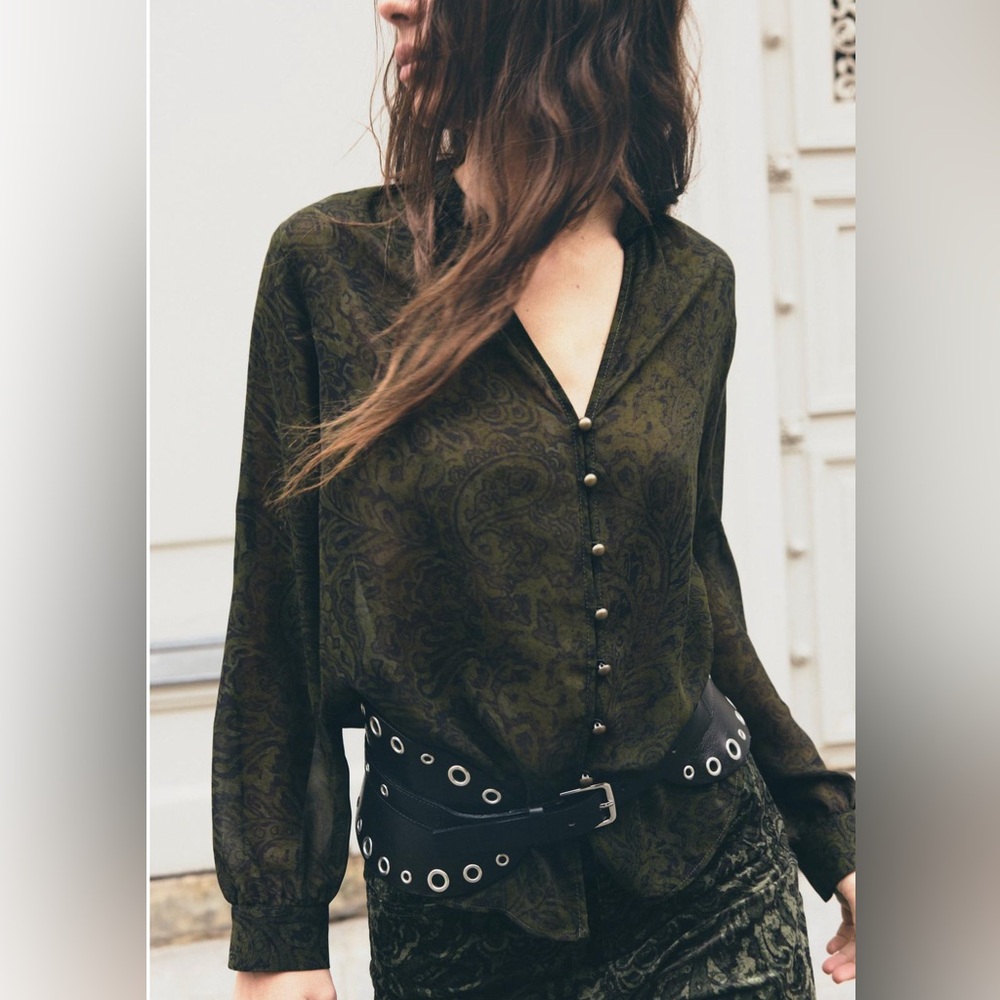 ZARA PRINTED SHIRT WITH VELVET PIPING-Black/Green